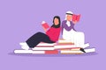 Character flat drawing Arab student woman and man reading, learning and sitting on big books. Study in library. Literature fans or