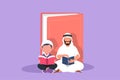 Character flat drawing Arabian father and son reading and leaning on big book. Dad and little boy are sitting on floor. Smart