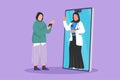 Character flat drawing Arabian female patient holding smartphone standing facing giant smartphone and consulting female doctor.