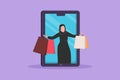 Character flat drawing Arabian woman coming out of large smartphone screen with holding shopping bags. Sale, digital lifestyle,
