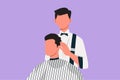 Character flat drawing of attractive classy dressed barber shop hairdresser is turning client`s head to present his work for him.