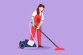 Character flat drawing of beautiful female professional busy janitor vacuum cleaning indoor, floor office cleaning, young, happy, Royalty Free Stock Photo