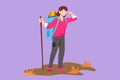 Character flat drawing beautiful woman hiker at top of mountain looking into distance. Adventure in mountainous terrain. Hiking,