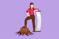 Character flat drawing beautiful woman lumberjack wearing suspender shirt, standing with big steel saw, posing with one foot on