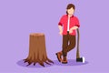 Character flat drawing beautiful woman lumberjack wearing workwear, standing with axe and posing with one foot on a tree stump.