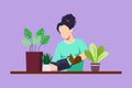 Character flat drawing beautiful woman watering houseplants at home. Home garden and green house plants concept. Girl taking care Royalty Free Stock Photo