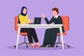 Character flat drawing beauty Arabian woman journalist interviewing young businessman at desk. Microphone, discussion, speech.