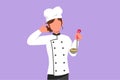 Character flat drawing beauty female chef holding ladle with call me gesture and tasting delicious soup. Wearing uniform ready to Royalty Free Stock Photo