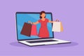 Character flat drawing beauty woman coming out of laptop computer screen with holding shopping bags. Sale, digital lifestyle,