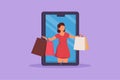 Character flat drawing beauty woman coming out of large smartphone screen with holding shopping bags. Sale, digital lifestyle,