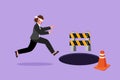 Character flat drawing blindfolded young businesswoman running to find money with pit hole. Female manager runs to business trap. Royalty Free Stock Photo