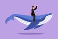 Character flat drawing of brave businessman riding huge dangerous blue whale. Professional entrepreneur male character. Successful