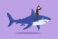 Character flat drawing of brave businesswoman riding huge dangerous shark. Professional entrepreneur female character. Successful
