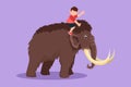 Character flat drawing of bravery little boy caveman riding woolly mammoth. Adorable kids sitting on back of mammoth. Stone age