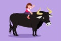 Character flat drawing bravery little girl riding bull at village meadow. Pretty child sitting on back bull with saddle in cowboy Royalty Free Stock Photo