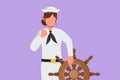 Character flat drawing bravery sailor woman with thumbs up gesture ready to sail across seas in ship that is headed by captain.