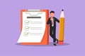 Character flat drawing businessman holding giant pencil and leaning at completed checklist on clipboard. Effective planning and Royalty Free Stock Photo