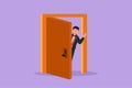 Character flat drawing businessman looking from behind open door. Happy man peeking of door and wave hands. Cheerful male standing