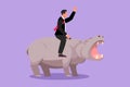 Character flat drawing businessman riding hippopotamus symbol of success. Business metaphor, looking at the goal, achievement,