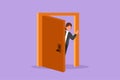 Character flat drawing businesswoman looking from behind open door. Woman peeking of door and wave hands. Cheerful female standing Royalty Free Stock Photo