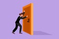 Character flat drawing businesswoman pushes closed wooden door. Business struggles metaphor. Strength manager for success in