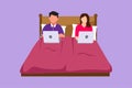 Character flat drawing busy couple in bed. Man and woman with laptop surfing internet. Happy marriage activity before sleep.