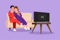 Character flat drawing cheerful couple watching TV together sitting on sofa. Happy man and pretty woman relaxing in living room. Royalty Free Stock Photo