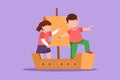 Character flat drawing of cheerful little boy and girl playing sailor with boat made of cardboard box. Creative kids character Royalty Free Stock Photo