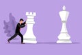 Character flat drawing of competitive businessman push huge rook chess piece to beat king. Business strategy and marketing plan. Royalty Free Stock Photo