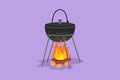 Character flat drawing of cooking dinner in camping pot over bonfire. Cauldron and campfire logo, icon, symbol. Outdoor grass, Royalty Free Stock Photo