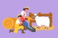 Character flat drawing couple farmer feed sheep with fresh grass to be healthy, produce the best milk, meat, fleece. Livestock