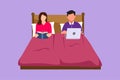 Character flat drawing couple spending time in bed with comfortable mattress before falling asleep. Man with laptop, surfing