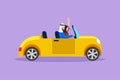 Character flat drawing cute elegant couple on road trip in vintage retro car. Happy man and beautiful woman in vehicle. Married