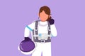 Character flat drawing cute female astronaut holding helmet with celebrate gesture wearing spacesuit ready to explore outer space