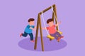 Character flat drawing cute little boy swinging on swing and his friend helped push from behind. Happy preschool kids friends Royalty Free Stock Photo