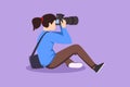 Character flat drawing cute woman photographer of paparazzi sitting and taking photo with modern digital camera with angles. Royalty Free Stock Photo