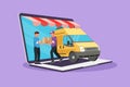 Character flat drawing delivery box car comes out partly from giant laptop screen and male courier give package box to male