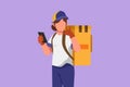 Character flat drawing deliverywoman holding smartphone for finding address with call me gesture and carry package box to be