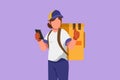 Character flat drawing deliverywoman holding smartphone for finding address with thumbs up gesture, carry package box to be