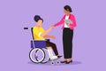 Character flat drawing disability employment responsibility, work for disabled people. Active disable woman sit in wheelchair