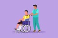 Character flat drawing of disabled male with broken hand, leg riding wheelchair with nurse assistance. Man patient in traumatology Royalty Free Stock Photo