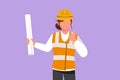 Character flat drawing female architect wearing vest and helmet with thumbs up gesture, carrying blueprint paper for the building