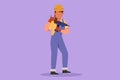 Character flat drawing female carpenter stands with drill and call me gesture, working for wood industry, must be skilled at using