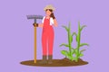 Character flat drawing female farmer stands with call me gesture, wearing straw hat, carrying shovel to plant crop or harvest on