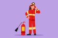 Character flat drawing female firefighter standing with fire extinguisher wear helmet and uniform with call me gesture. Working to