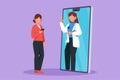Character flat drawing female patient holding smartphone standing facing giant smartphone and consulting female doctor. Doctor