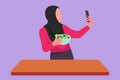 Character flat drawing female taking selfie or making video call using smartphone while platting fresh salad. Arabian woman