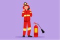 Character flat drawing firefighters standing with fire extinguisher wearing helmet and uniform with celebrate gesture. Working to