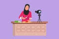 Character flat drawing food blogger. Chef cooking, recording video using camera. Online channel, streaming. Arabian woman teaches