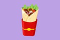 Character flat drawing fresh hot spicy online shawarma shop logo. Delicious Arabic roll with meat, salad, tomato. Kebab with